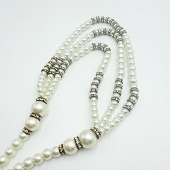 Three Strand White Glass Pearl Necklace with Crystal Accents - Picture 6 of 8
